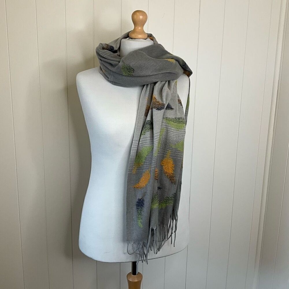 Crois Ios Womens Fall Leaves Autumn Scarf Wrap Gray Gold Brown Fringe 27x72